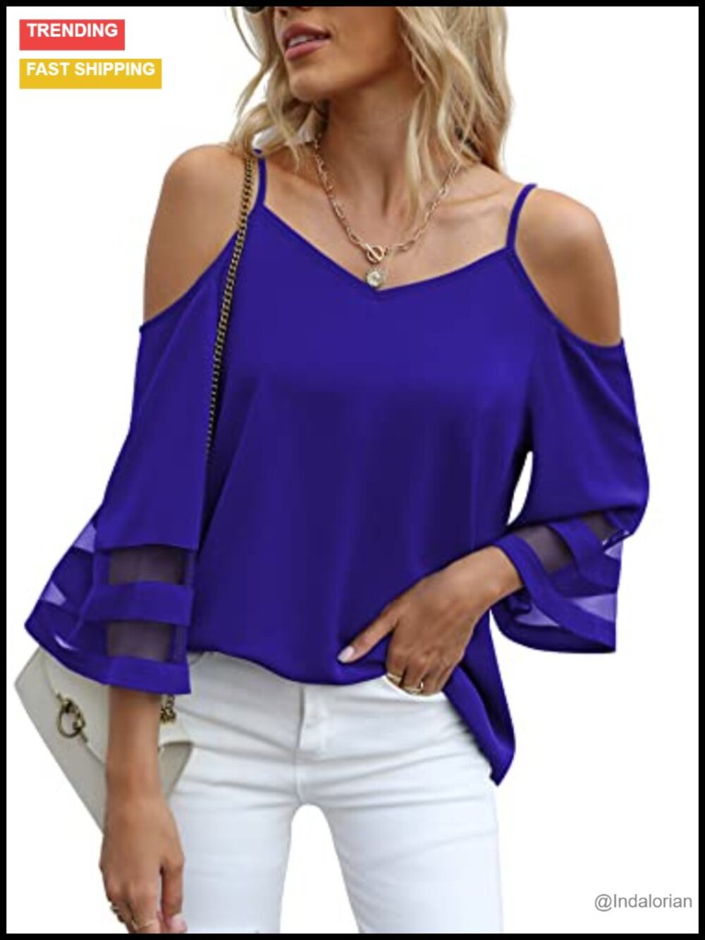 Cold Shoulder Mesh Panel 3/4 Bell Sleeve V Neck Blouse Relaxed Fit